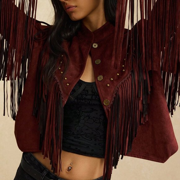 Coffee Brown Casual Women's Nomadic Tassel Decorated Jacket - Picture 4 of 7